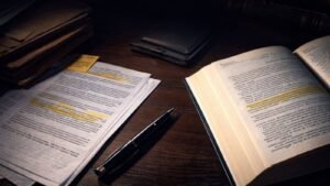 Mesa de estudos com Código Penal e anotações jurídicas sobre reincidência penal para concursos públicos